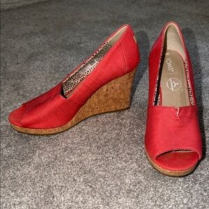 TOMS Red Canvas Cork Wedge Peep-Toe Shoes
